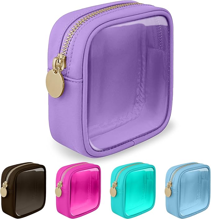 Mini Clear Travel Makeup Organizer Bag for Purse, Small Cute Makeup Bag Preppy Cosmetic Zipper Pouch Purse, Transparent PVC & Nylon Travel Coin Pouch Sanitary Napkin Storage Bag for Women Girl(Purple)