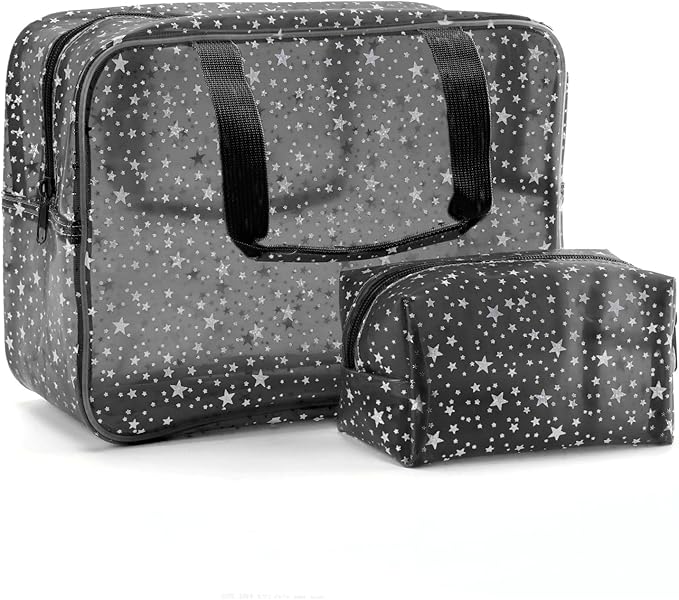 Yaopeing 2Pcs PVC Clear Makeup Bag Organizer for Women,Star Transparent Cosmetic Case Travel Toiletry Pouch with Zipper,Large Make Up Purse for Daily Accessory,Black