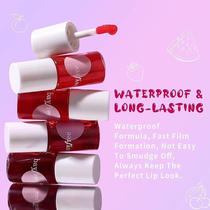 bayfree Lip Tint Stain, Long Lasting Korean Lip Stain Set, Non-sticky Waterproof Lightweight Lip and Cheek Tint, Moisturizing High Pigment Water Tint, Matte Finish Lip Tint