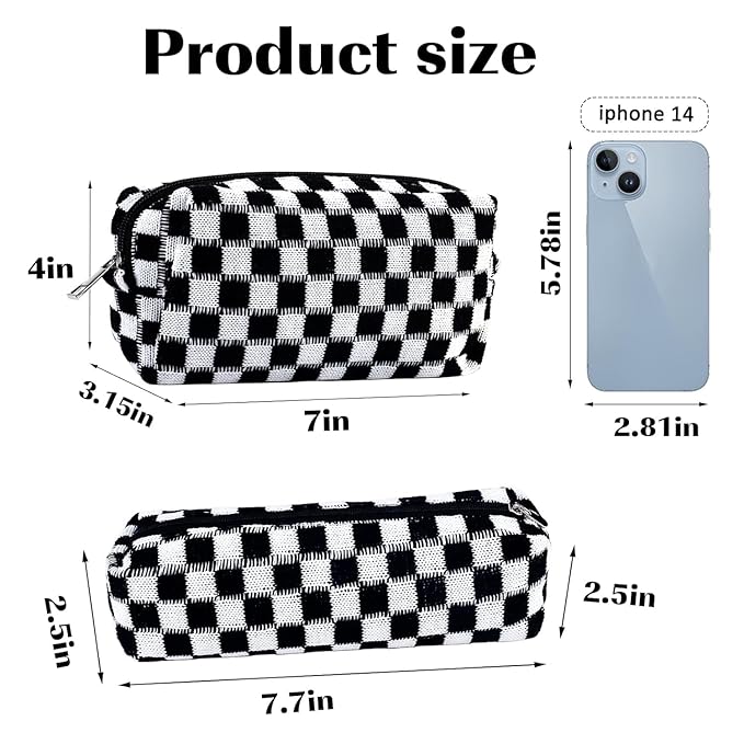 2Pcs Checkered Pencil Case Cute Pencil Pouch for Teens Checkered Makeup Bag Travel Cosmetic Bag Set Cute Makeup Pouch for Purse Portable Zippered Skincare Bags Preppy Toiletry Bags Organizer(Black)