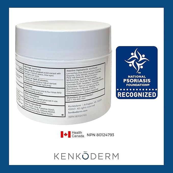 Kenkoderm Psoriasis Cream - Natural Moisturizing Face & Body Lotion with 2 Percent Salicylic Acid - Renewing Topical Formula for Dry & Sensitive Skin, Fragrance & Color Free, 10 oz., Pack of 4 Jars