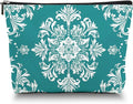Makeup Bag Travel Cosmetic Bags Small Makeup Case Waterproof Zipper Pouch for Women Girls 7X9inches - White Floral Ornamentation in A Circular Layout