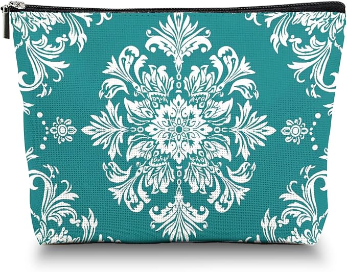 Makeup Bag Travel Cosmetic Bags Small Makeup Case Waterproof Zipper Pouch for Women Girls 7X9inches - White Floral Ornamentation in A Circular Layout