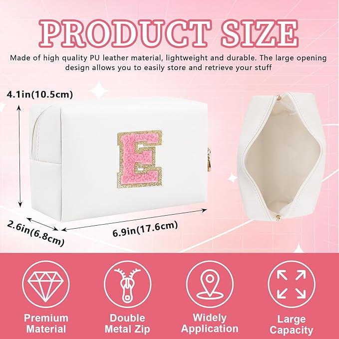 Iqimott Personalized Initial Letter Patch Makeup Bag, Preppy Portable Chenille Letter Cosmetic Bag with Zipper, PU Leather Waterproof Travel Toiletry Bag Monogram Make Up Pouch Girls(Letter E)