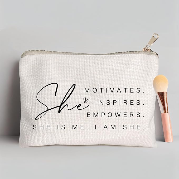She Motivates Inspires Empowers Makeup Bag She is Me Entrepreneurship Gift Women's Motivational Cosmetic Bags Powerful and Inspirational Travel Bag Gift for Her