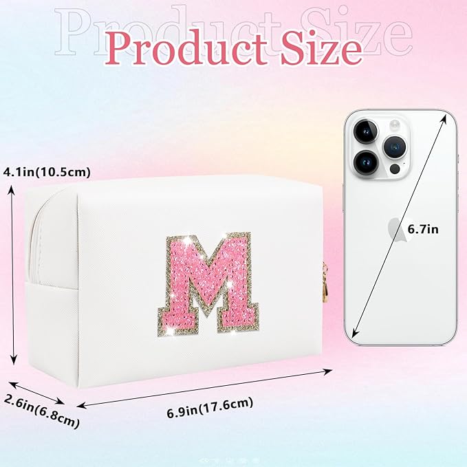 Glitter Initial Letter Makeup Bag, Small Personalized Sequins Letters PU Leather Cosmetic Bag Portable Waterproof Makeup Zipper Pouch, Shine Handbag Organizer Travel Bag Gifts for Women&Girls(White-M)