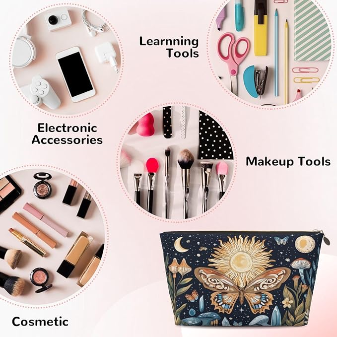 Womens Leather Makeup Bag Cosmetic Bag Travel Toiletry Bags Make Up Bags for Women Adult (Boho Sun-Moon)