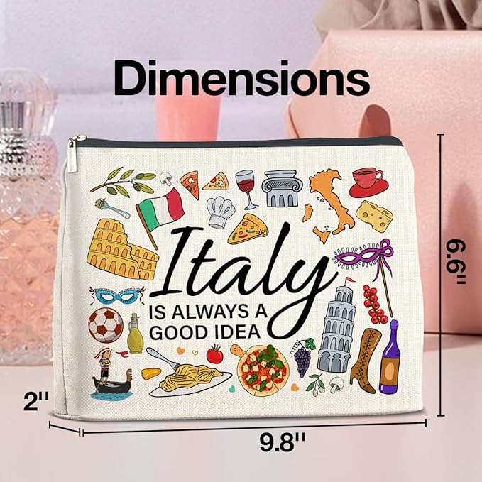 Italy Travel Cosmetic Bag, Multicolor, Waterproof, Zipper Closure, Double-Sided Printing, Rectangular, 9.6"L x 6.7"H, Perfect for Travel and Daily Use