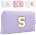 Small Personalized Letter Makeup Bag, Cute PU Leather Chenille Letters Cosmetic Bag Travel Makeup Pouch, Preppy Travel Organizer Zipper Pouch for Women&Girls（Purple-S）