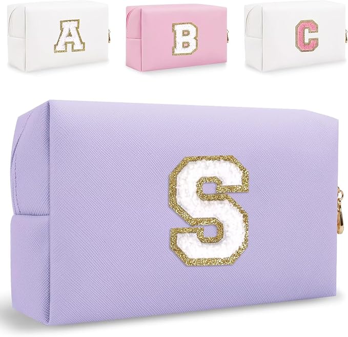 Small Personalized Letter Makeup Bag, Cute PU Leather Chenille Letters Cosmetic Bag Travel Makeup Pouch, Preppy Travel Organizer Zipper Pouch for Women&Girls（Purple-S）