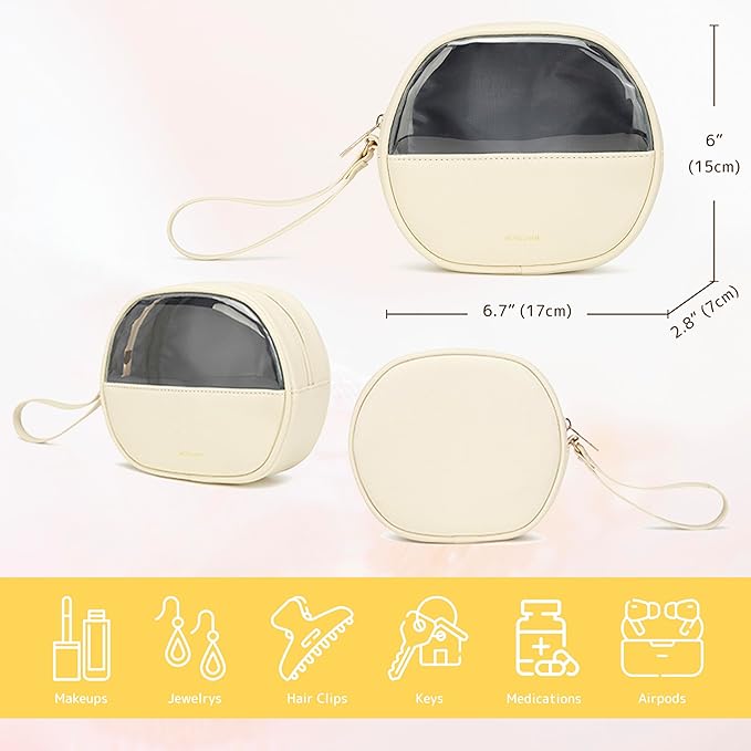 Clear Makeup Bag for Travel, Mini Waterproof Cosmetic Organizer with Zipper, Portable Transparent Toiletry Bag for Women & Men (6.7x6 Inch) - Fits Makeup, Skincare, Jewelry (White)