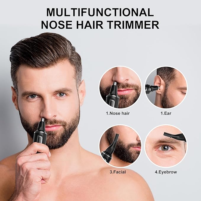 Nose Hair Trimmers for Men，Rechargeable Hair Trimmer 2 in 1 Painless Multifunctional Ear and Nose Hair Trimmer with IPX7 Waterproof Dual Edge Blades (Black Silver)