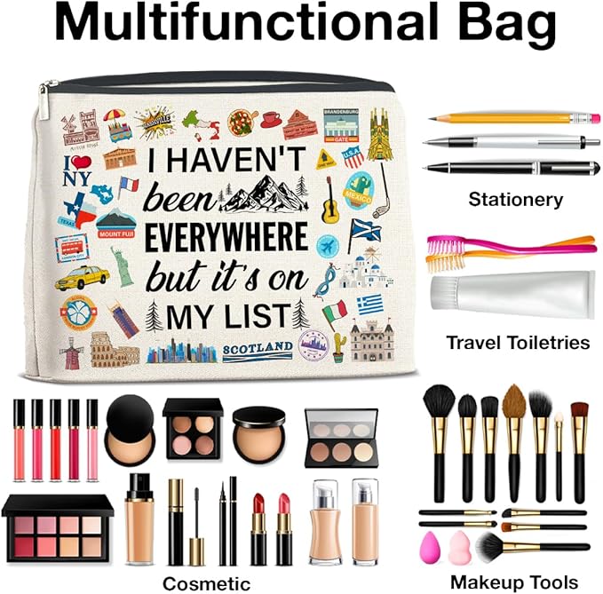 Travel Gifts Makeup Bag, Travelers Gifts for Women, Gifts for Women Who Like to Travel, Adventure I Haven't Been Everywhere But It's on My List Zipper Makeup Pouch
