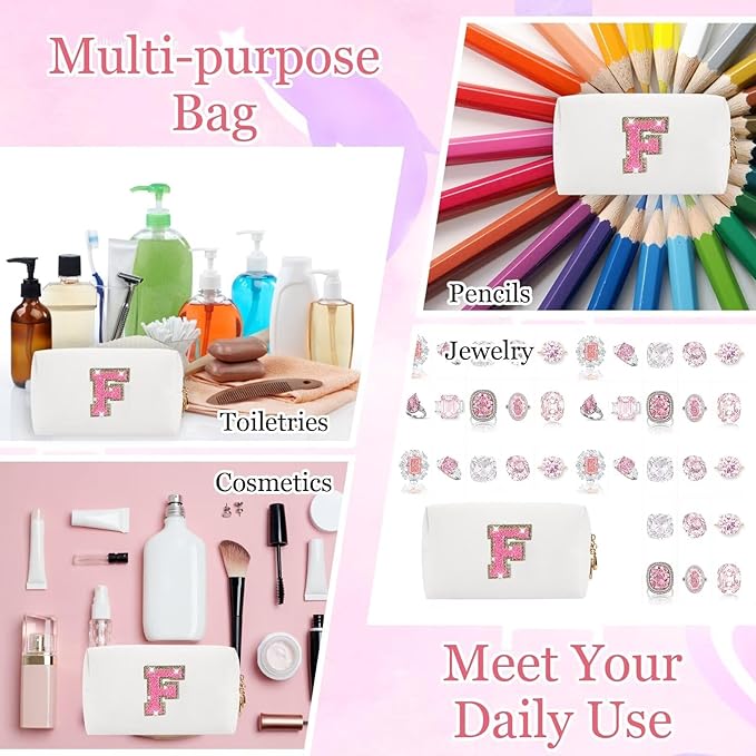 Small Personalized Glitter Initial Letter Makeup Bag, Cute PU Leather Chenille Letters Cosmetic Bag Travel Makeup Pouch, Preppy Travel Organizer Zipper Pouch for Women&Girls（WhiteRosePink-F）