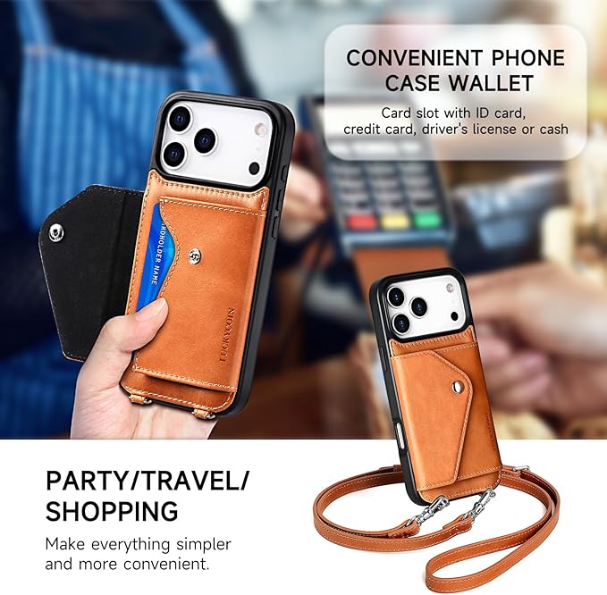 LUCKYCOIN Crossbody Wallet Phone Case for iPhone 17 Pro Max,100% Genuine Leather Wallet Phone Case with Expandable Flip Card Holder,Phone Purse for Women with Adjustable Removable Strap - Tan