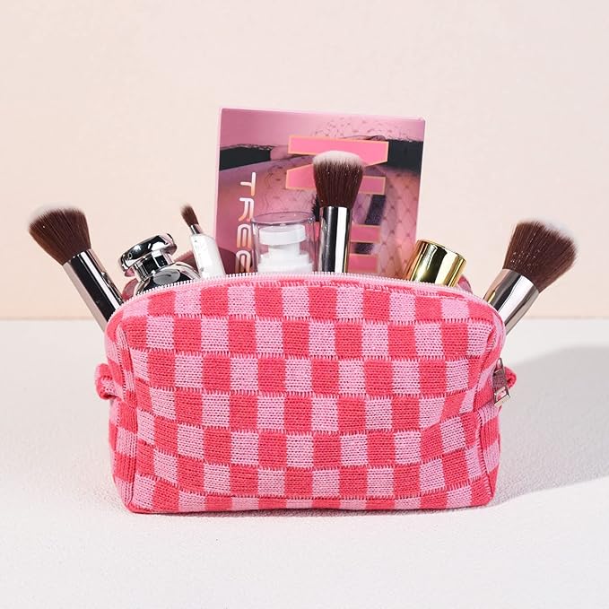 SOIDRAM Checkered Makeup Bag Preppy Cosmetic Bag Bulk Pink Makeup Pouch Personalize Travel Toiletry Bag Organizer Cute DIY Makeup Brushes Storage Bag for Women