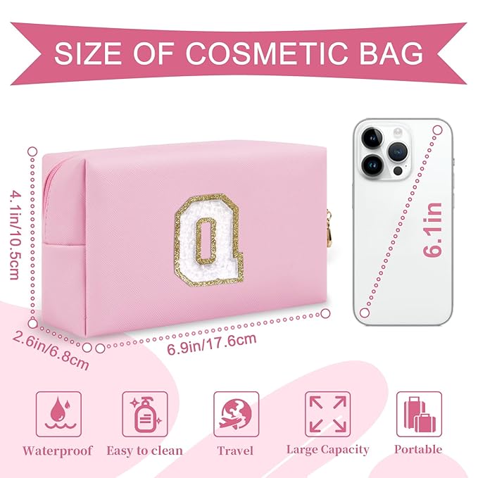 Personalized Initial A-Z Preppy Patch Makeup Bag,Small PU Chenille Letter Cosmetic Bag with Zipper for Teen Girls,Pink Cute Toiletry Organizer Bag,Monogram Makeup Case Gift for Women Girls,Letter Q