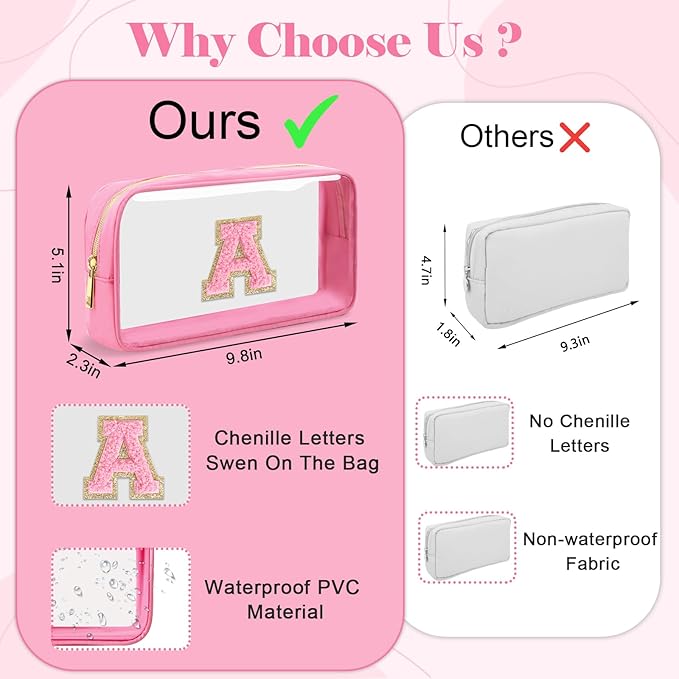 Personalized Initial Letter Clear Makeup Bag,Preppy Small Nylon&PVC Cosmetic Zipper Bag with Chenille Letter,Portable Beach Travel Skincare Toiletry Bag,Trendy Monogram Gift for Teen Girls Women,H