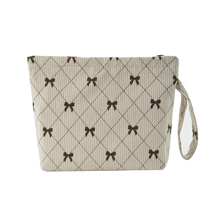 Makeup bag set small Cosmetic bag for women purse Corduroy Organizer with interior Pockets,cute Pencil zipper Pouch travel Toiletry Bag with handle(Beige Bowknot)