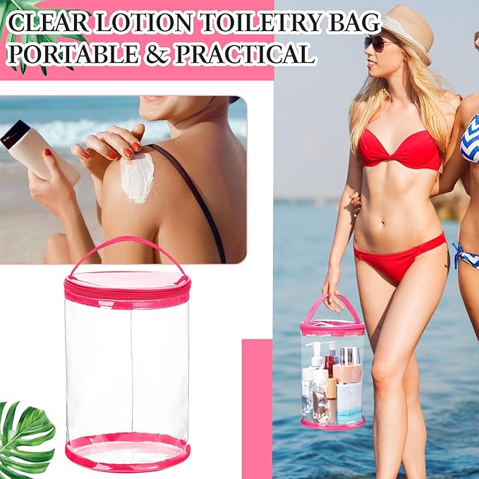 Clear Lotion Bag for Toiletry Cylinder Makeup Bag Heavy Duty Sunscreen Travel Organizer Pouch Waterproof Cosmetic Bag with Handle Zipper Gift for Christmas Beach Pool Airport Women(Hot Pink)