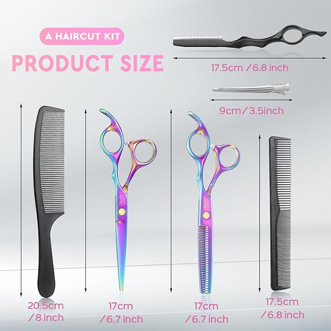 JASON Professional 10-Piece Haircut Scissors Kit - Texturizing Scissors with 30 Teeth, Straight Shears for Barber, Hairdresser, Men, Women, Stylist (6.7", Rainbow)
