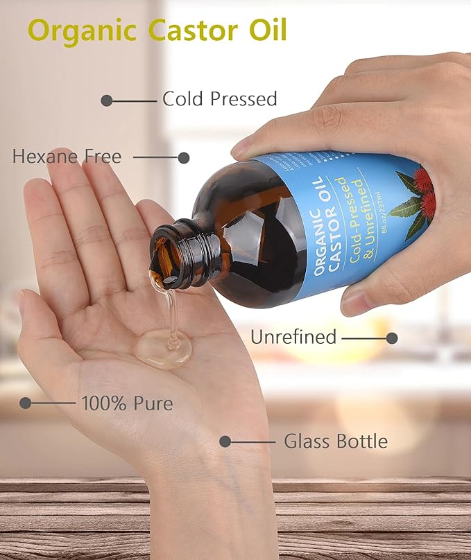 Castor Oil Organic Cold Pressed Unrefined, Amber Glass Bottle with Castor Oil Pack Wrap and Cotton Flannel Cloth for Body, 8oz/237ml
