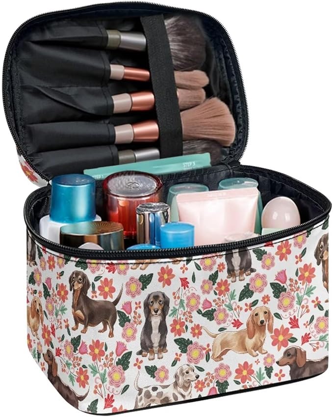 JoyLamoria Dachshund Rose Cosmetic Bag Outdoor Travel Makeup Bag Cute Cosmetic Wallet Coin Purse