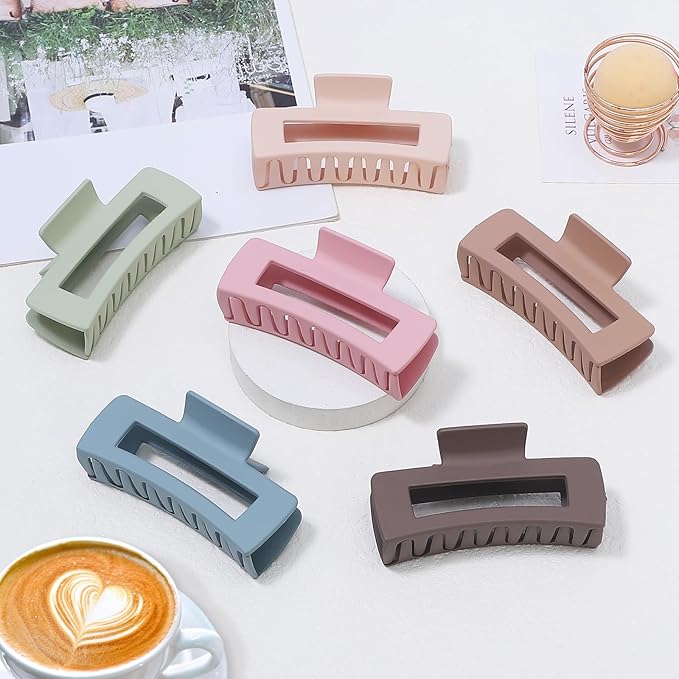 4 Inch Big Hair Claw Clips 6 Pcs Large Claw for Thick Hair Square Hair Clips for Women Rectangle Hair Clips Nonslip Acrylic Banana Jaw Clips Hair Accessories for Girls (Brown Colorful)