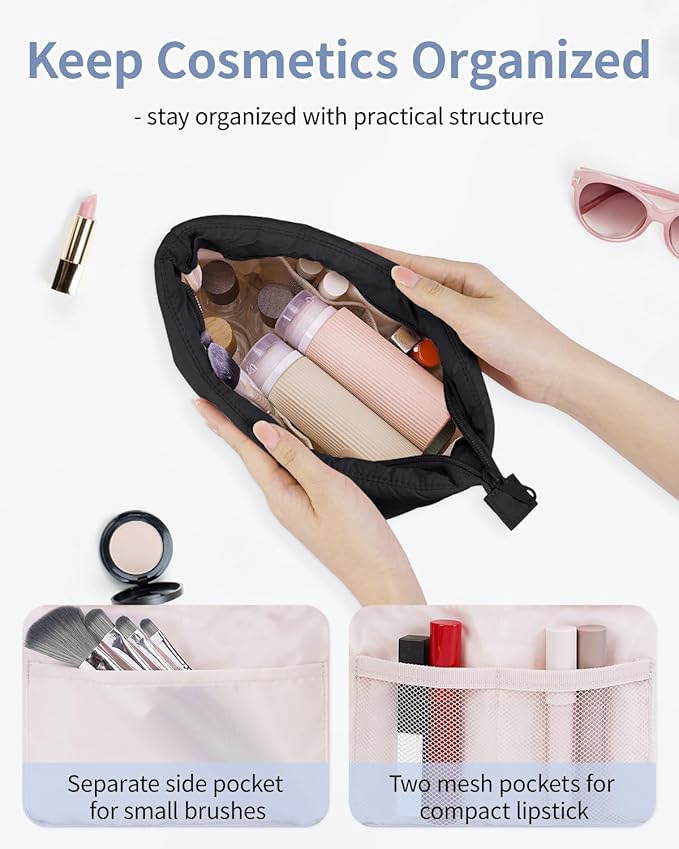 Narwey Small Makeup Bag for Travel Women Girl, Puffer Cosmetic Bag Makeup Pouch for Purse with Zipper, Cute Puffy Make Up Organizer Bags, Travel Toiletry Bag Toiletries (Black)