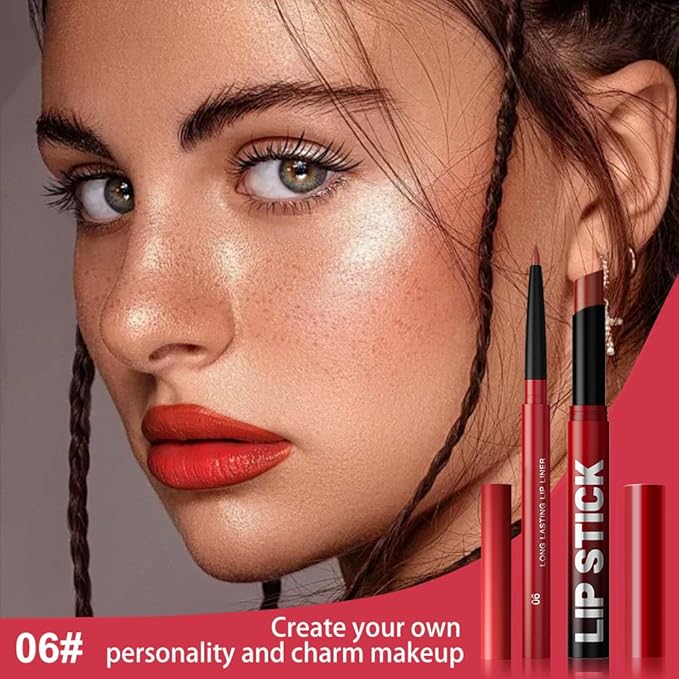 2Pcs 2 in 1 Matte Red Lip Liner and Lipstick Combo Set for Women,Lipstick Stain Lip Liner for Daily & Party Long Lasting Waterproof Smudge Proof 24 Hour Full Coverage Vegan Lip Makeup Kit