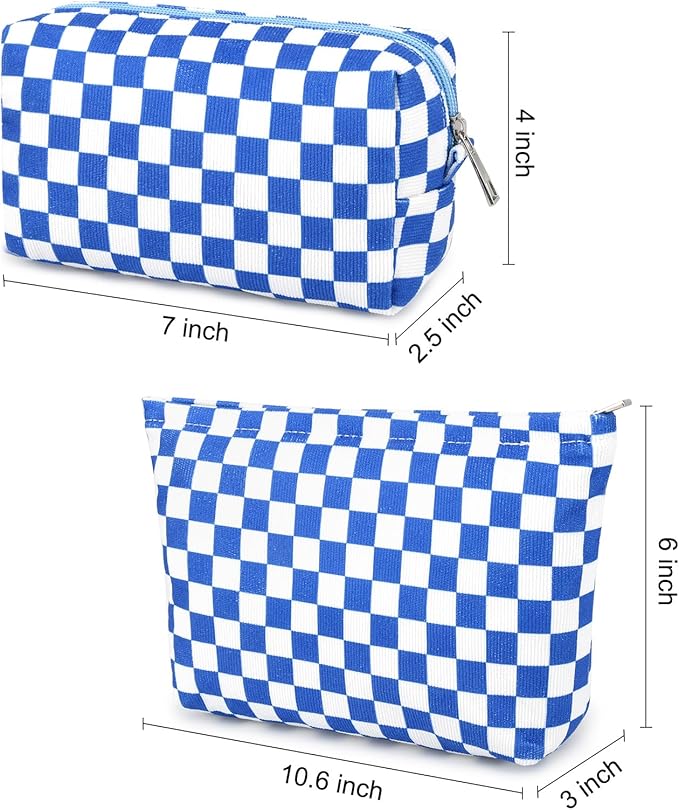 SOIDRAM 2 Pcs Checkered Makeup Bag Large Cosmetic Bag Toiletry Bag Makeup Pouch Travel Bag Organizer Cute Makeup Brushes Aesthetic Accessories Storage Bag for Women Royal Blue