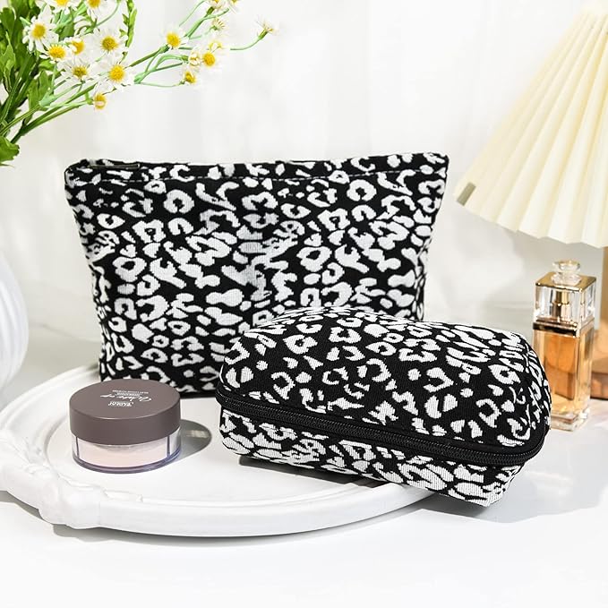 SOIDRAM 2 Pieces Leopard Print Makeup Bag Large Cosmetic Bag Capacity Canvas Mix Travel Toiletry Bag Organizer Cute Makeup Brushes Aesthetic Accessories Storage Bag for Women, Leopard Print Mix Black