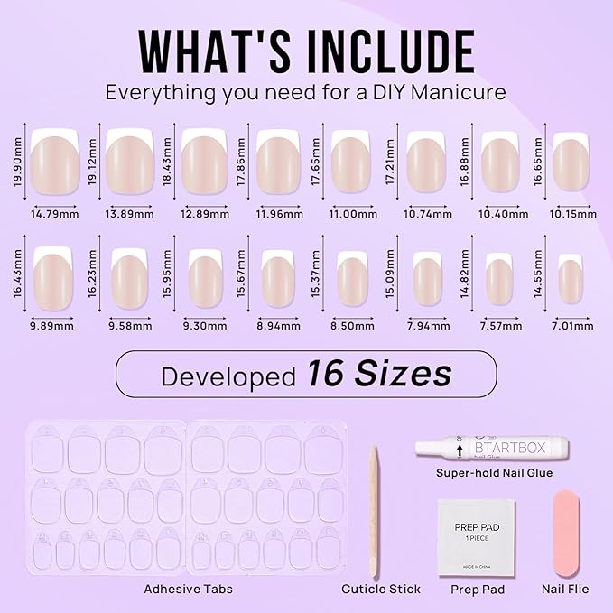BTArtbox Press On Nails Short Square - White Chrome French Tip, Glazed Glue On, Natural Stick On in 15 Sizes - 30 Fake Nails Kit, Wheat