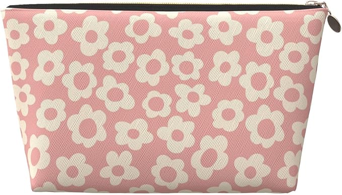 Vintage Pink Flower Small Makeup Bag for Women - Leather Travel Cosmetic Bag Make Up Pouch Mini Travel Zipper Pouch - Makeup Organizer Bag