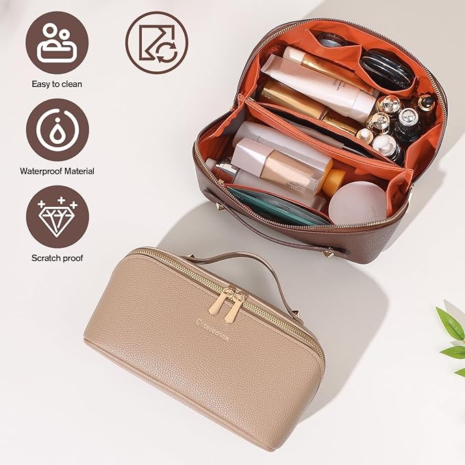 Makeup Bag, Travel Toiletry Bag for Women, Large Capacity Waterproof Crocodile Pattern PU Leather Cosmetic Bags Make Up Organizer Bags with Headband and Wristband Set (White)