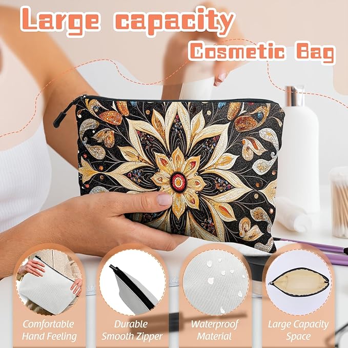 Cosmetic Bags Travel Makeup Toilet Case Waterproof Pouch for Women Girls 6.7X9.45inches - Symmetrical Gold Flower Pattern