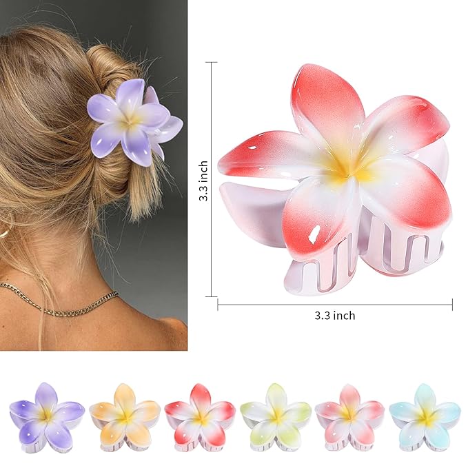 Flower Hair Clips 6 PCS Hawaiian Claw Clips for Vacation Hibiscus Hair Claw Clips Cute Large Hair Clips for Thick and Thin Hair Plumeria Hair Accessories for Women Girls -Light Petal