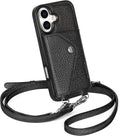 LUCKYCOIN Crossbody Wallet Phone Case for iPhone 17,100% Genuine Leather Wallet Phone Case with Expandable Flip Card Holder,Phone Purse for Women with Adjustable Removable Strap - Pebble Black