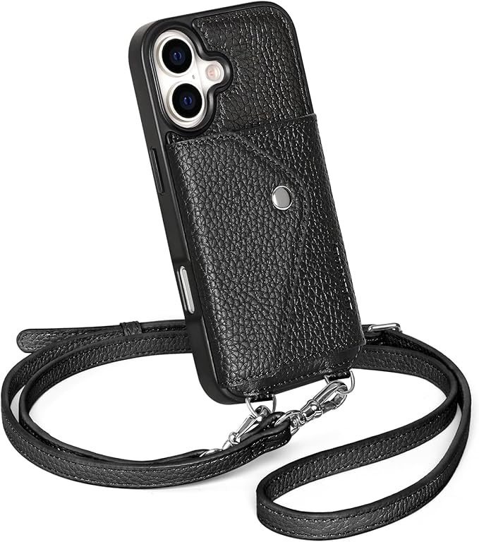 LUCKYCOIN Crossbody Wallet Phone Case for iPhone 17,100% Genuine Leather Wallet Phone Case with Expandable Flip Card Holder,Phone Purse for Women with Adjustable Removable Strap - Pebble Black