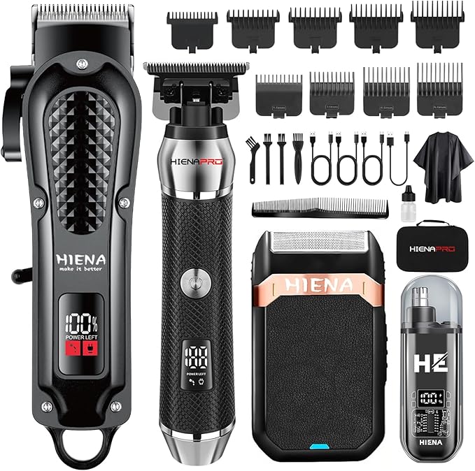 HIENA PRO Professional Cordless Hair Clippers for Men, T-Blade Beard Trimmer & Foil Shaver & Nose Hair Trimmer Set, Rechargeable Electric Barber Hair Cutting Grooming Kit