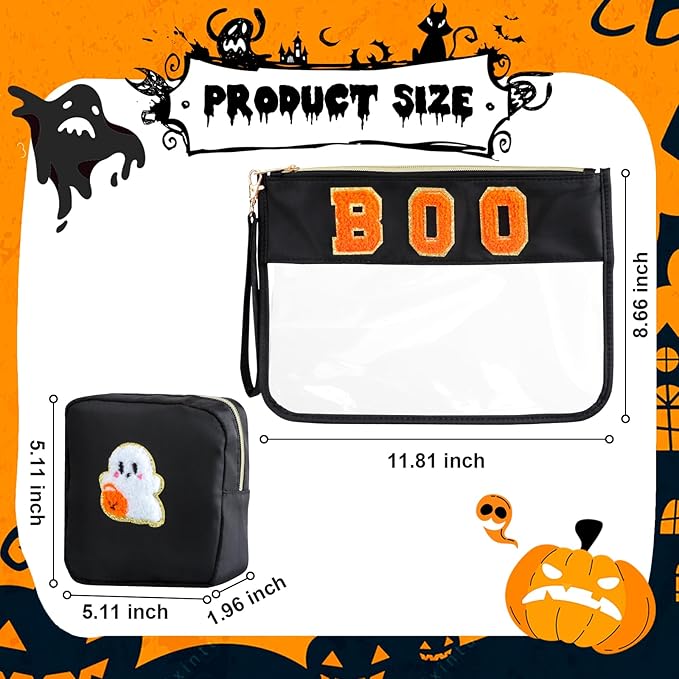 2 Pcs Halloween Gifts Cosmetic Makeup Bag with Boo Chenille Letter Patch, Clear Pouch PVC Organizer Purse, Waterproof Travel Bag, Portable Toiletry Storage Bag for Her Girls Friends Women