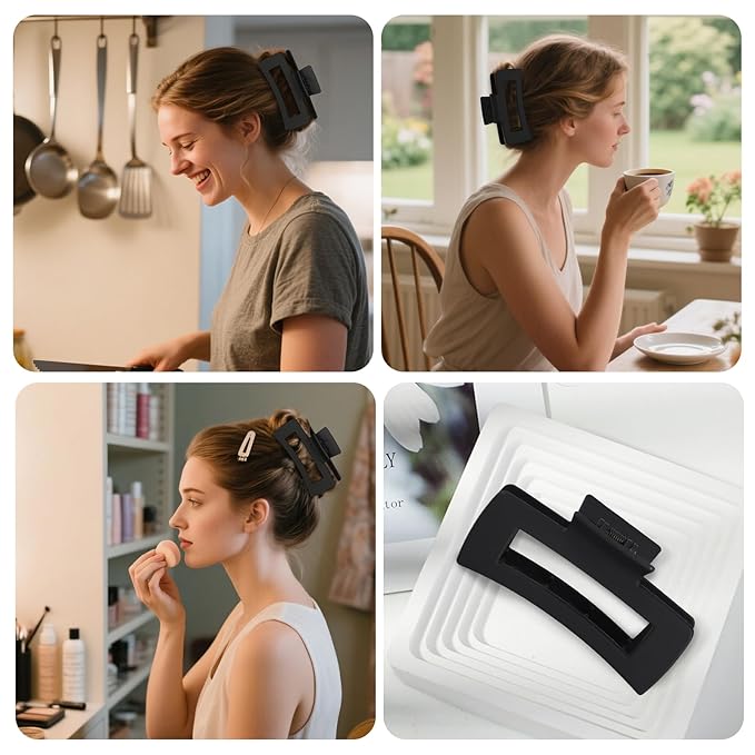 Hair Clips for Women 4.3 Inch Large Hair Claw Clips 8 pcs Square Claw Clips & Flat Hair Clips for Thick or Thin Hair French Concord Hair Barrettes Alligator Hair Accessories for Women (Black)
