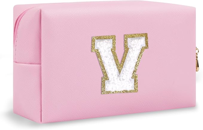 Personalized Initial Preppy Patch Makeup Bag, Travel Toiletry Zipper Pouch Cute Pink Cosmetic Organizer Small Makeup Bag for Purse, PU Leather Make Up Storage Valentines Day Gift for Women(Letter V)
