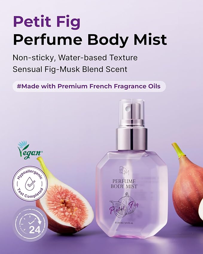 BOM Petit Fig Perfume Body Mist 3.71 Fl Oz, Fig Scented Mist with Hyaluronic Acid, Niacinamide & Vitamin C, Hydrating, Lightweight Body Perfume, Long Lasting Fragrance, Korean Skincare