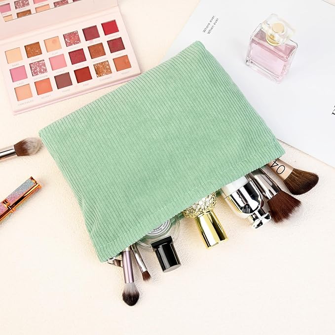 SOIDRAM 2 Pcs Corduroy Makeup Bag Large Cosmetic Bag Toiletry Bag Makeup Pouch Travel Bag Organizer Cute Makeup Brushes Aesthetic Accessories Storage Bag for Women Green