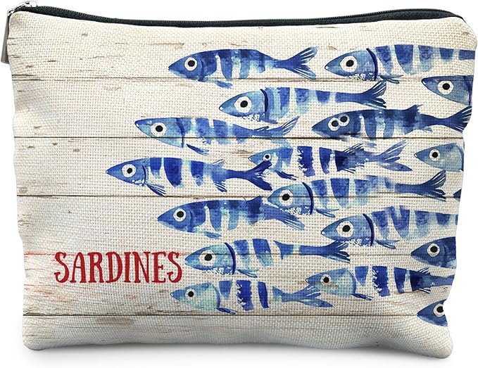 Vintage Sardine Fish Makeup Bag, Ocean Beach Lovers Gifts Cosmetic Bags for Women, Gifts for Fishing Lovers, Retro Nautical Beach Zipper Makeup Pouch