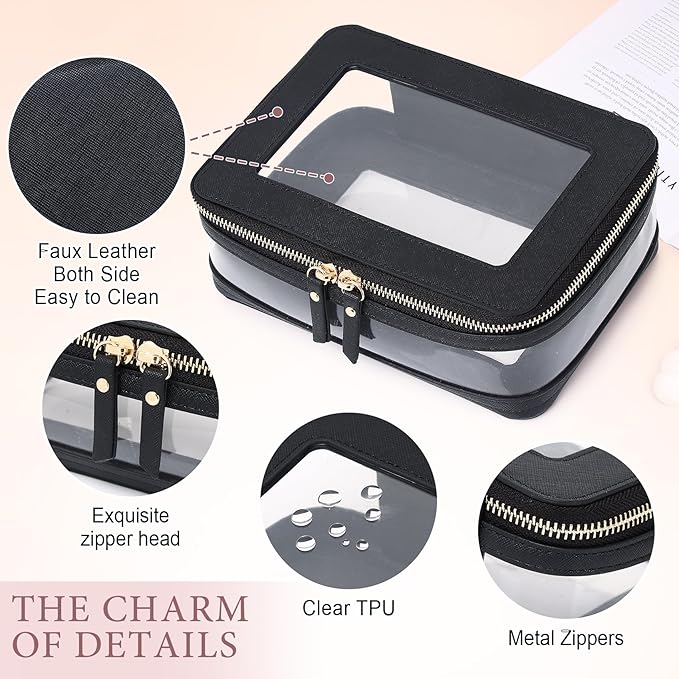 Pinkmik Clear Makeup Bag with Brush Case Travel Toiletry Bag Waterproof Cosmetic Organizer Car Essentials for Women (Black, M+SLIM-1)