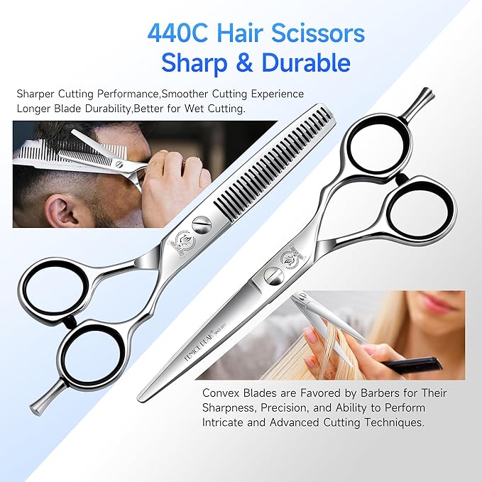 Fenice Peak 5.5'' Hair Cutting Scissors Set, Professional 440C Stainless Steel Barber Shears Kit with Cutting & Thinning Scissors, 9 PCS Hairdressing Tools for Men Women Salon Home Use