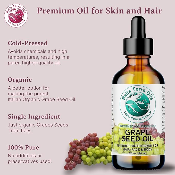 Bella Terra Oils - Organic Grape Seed Oil 8 oz - Dive into Organic Grape's Nutritional Power, Packed with Antioxidants & Omega-6, Elevate Your Skin Care Essence