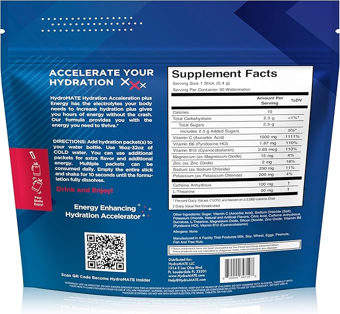 HydroMATE Electrolytes Powder Drink Mix Packets Hydration Accelerator Low Sugar Rapid Party Relief Recovery Vitamin C Plus Caffeine Watermelon 16 Count